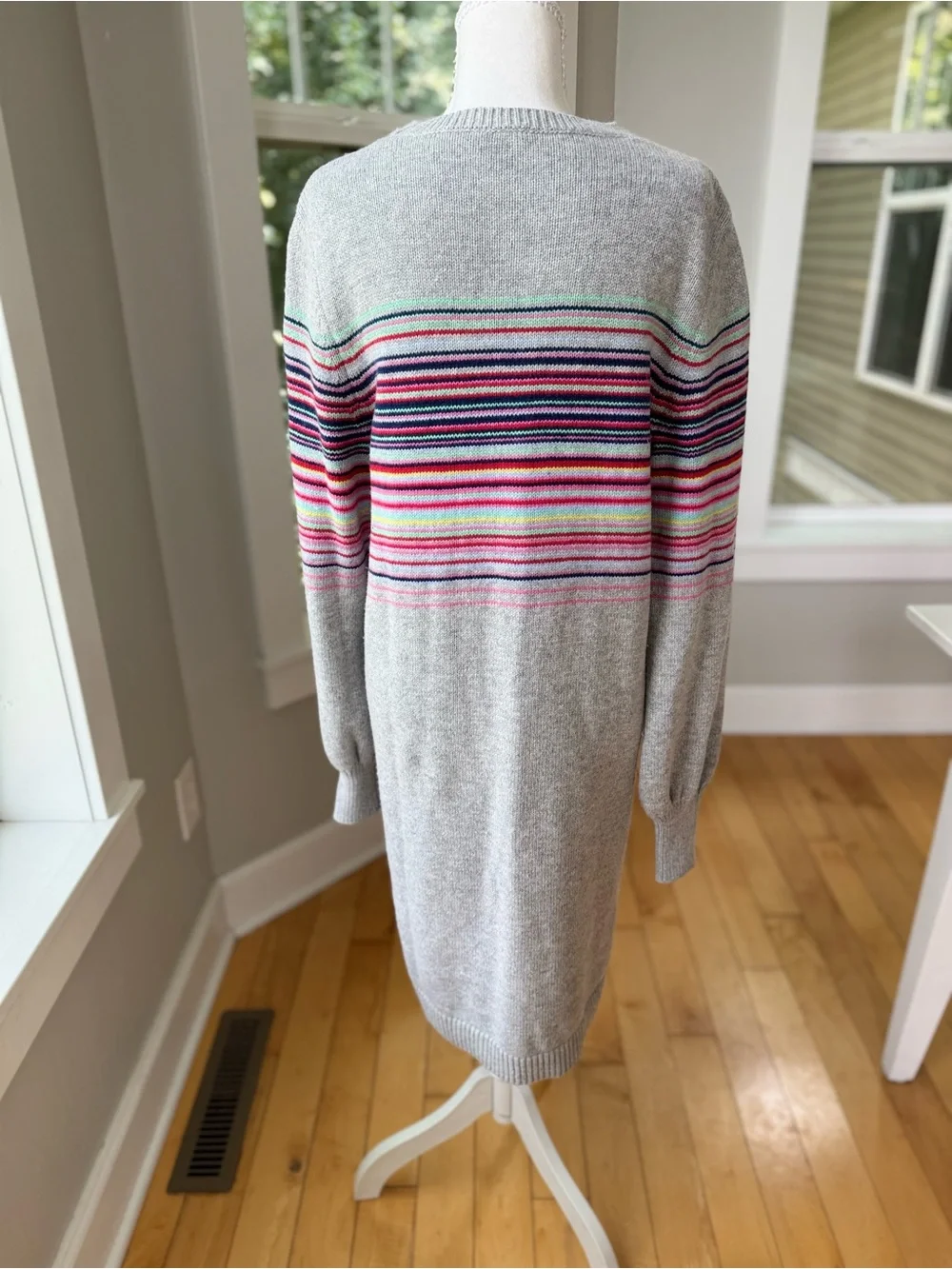GAP Light Gray Crewneck Merino Wool Sweater Dress Multicolor Stripes Large Tall